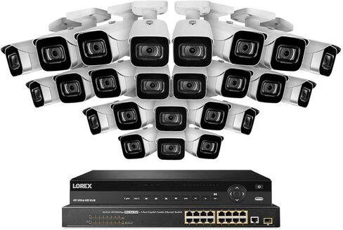 Lorex NC4K8-3224WB 32 Channel 4K Surveillance System with N882A38B 8TB 4K Fusion NVR, 16 Port ACCLPS263B POE Switch and 24 E841CA-E 8MP White Bullet Cameras in Saudi Arabia