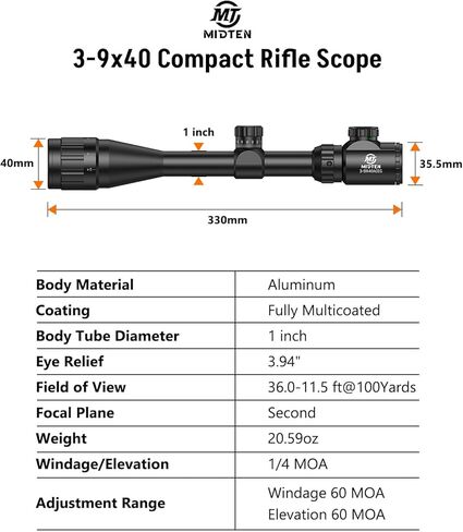 نطاق بندقية Midten 3-9x40 AO مزود بشبكية متقاطعة مضيئة باللونين الأحمر والأخضر، وبرج قفل، وإعادة ضبط صفر، وحلقات نطاق 20 مم، ومنظار بندقية SFP بأنبوب 1 بوصة لبنادق عيار 22 in Saudi Arabia