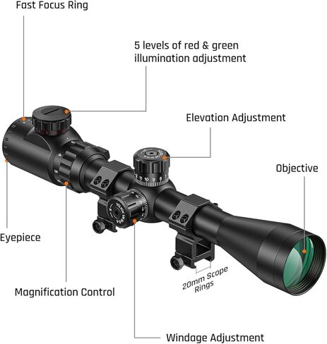Midten 3-9x40 Rifle Scope for .22 Caliber Rifles with Locking Turret, Zero Reset, Red and Green Illuminated Crosshair Reticle, 1 inch Tube SFP Riflescope with 20mm Scope Rings in Kuwait
