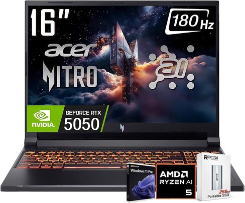 كمبيوتر محمول للألعاب acer Nitro V 16 AI، شاشة WUXGA IPS180 هرتز مقاس 16 بوصة، AMD Ryzen 5 240، NVIDIA GeForce RTX 5050، 16 جيجابايت DDR5، 512 جيجابايت Gen4 SSD، WiFi 6E، RGB Backlit KB، Win11 PRO، W/256 جيجابايت PSD (متجدد) in Saudi Arabia