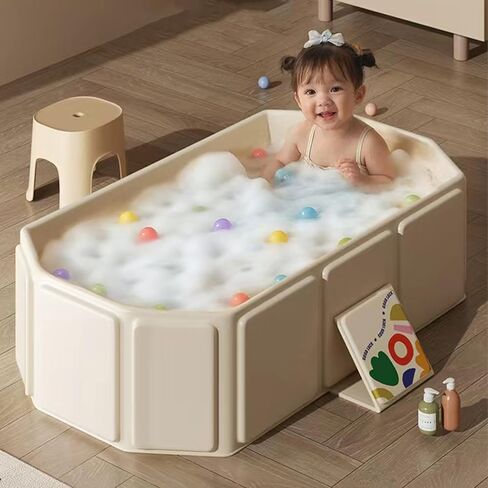 PandaEar Foldable Baby Bathtub, Large Collapsible Kids Bath Tub for Toddlers & Infants, Space-Saving Portable Bath Bucket with Drain Plug, Non-Slip Design for Home Use -Cream in Saudi Arabia