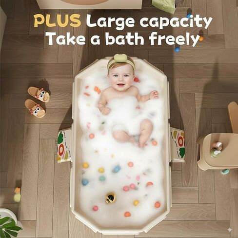 PandaEar Foldable Baby Bathtub, Large Collapsible Kids Bath Tub for Toddlers & Infants, Space-Saving Portable Bath Bucket with Drain Plug, Non-Slip Design for Home Use -Cream in Saudi Arabia