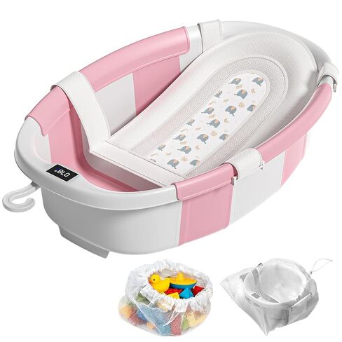 Collapsible Baby Bathtub, Baby Tubs for Newborns with Soft Cushion & Thermometer & Toy Organizer Mesh Bag, Infant Bathtub to Toddler 0-36 Months, Portable Travel Newborn Baby Bathtubs (Pink) in Saudi Arabia