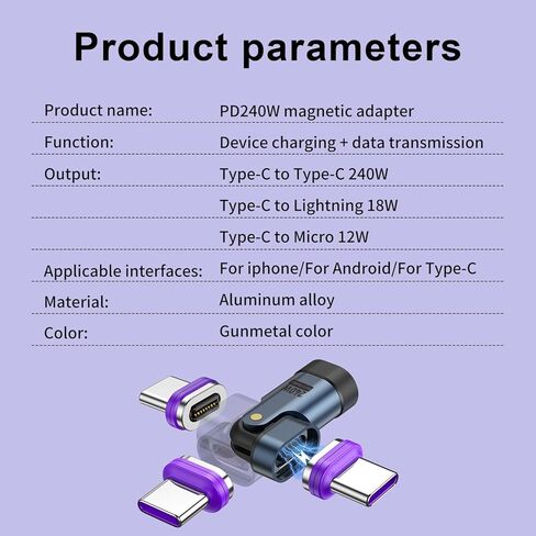 محول USB C مغناطيسي 240 وات (2 حزمة)، محول 16PIN USB C 90 درجة / محولات الزاوية اليمنى C / محولات C إلى C تدور 360 درجة لهاتف واحد 17/16/15، سلسلة 1Pad، الكمبيوتر اللوحي، الكمبيوتر المحمول in Kuwait