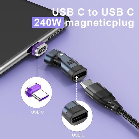 محول USB C مغناطيسي 240 وات (2 حزمة)، محول 16PIN USB C 90 درجة / محولات الزاوية اليمنى C / محولات C إلى C تدور 360 درجة لهاتف واحد 17/16/15، سلسلة 1Pad، الكمبيوتر اللوحي، الكمبيوتر المحمول in Kuwait