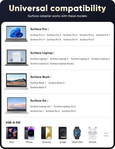 شاحن سطحي، 102 واط 15 فولت 6.33 أمبير، شاحن Microsoft Surface لجهاز Surface Book 1/2/3، وSurface Laptop Studio، وSurface Pro 4/5/6/7/7+/8/9/10/11/12، وSurface Laptop 1/2/3/4/5/6/7، وSurface Go، وSurface LaptopGo in Kuwait