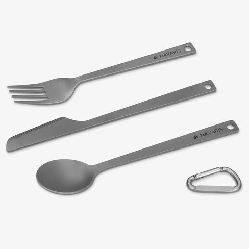 Navaris Titanium Camping Cutlery Set - Lightweight Camping Utensils for One - Knife, Fork and Spoon with Carabiner Clip and Case for Hiking and Travel in Saudi Arabia