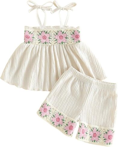 Baby Girl Summer Clothes Crochet Flower Sleeveless Tops and Shorts Sets Boho Beach Toddler Girls Outfits in Kuwait