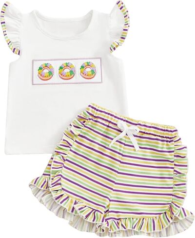 Toddler Baby Girl Mardi Gras Outfit Mask Embroidery Flutter Sleeve T Shirt Ruffle Shorts 2 Piece Carnival Clothes Set in Kuwait