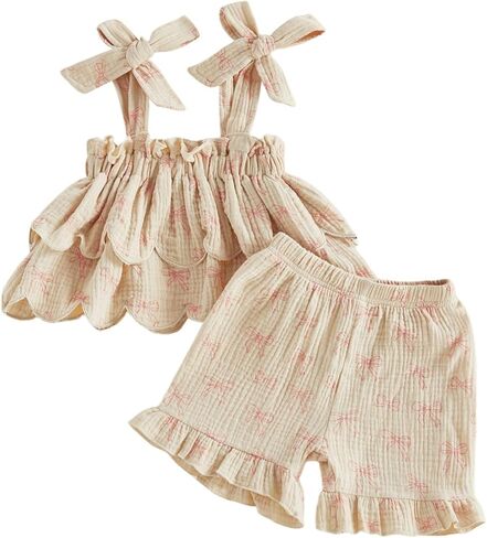 BeQeuewll Toddler Baby Girl Clothes Summer Linen Outfit Sleeveless Tie Up Tank Tops+Ruffled Shorts Little Girls 2 Pieces in Saudi Arabia