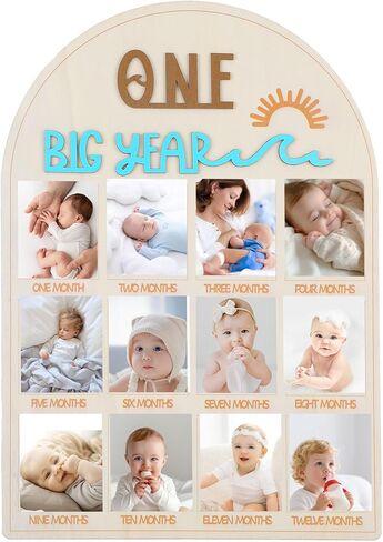 One Year Birthday Wooden Photo Board,My First Year Milestones Photo Board,12 Monthly Picture Frame Baby First year Wood Acrylic Sign 1st Birthday Decorations Baby Keepsake Gifts (Color-B) in Saudi Arabia