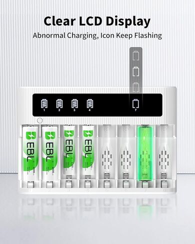 شاحن بطارية EBL 8 Bay مع شاشة LCD، شحن سريع لبطاريات AA AAA، يتضمن 4 بطاريات AA 2800 مللي أمبير و4 بطاريات AAA 1100 مللي أمبير NiMH قابلة لإعادة الشحن in Kuwait