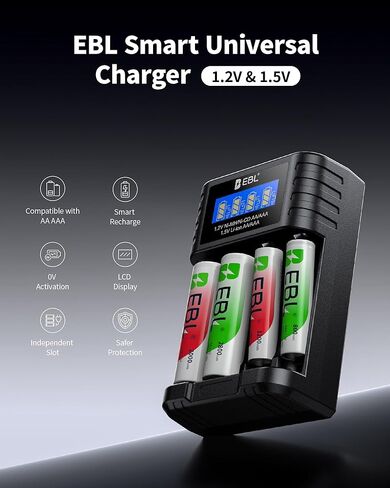 EBL Universal Battery Charger, 1.5V & 1.2V AA AAA Battery Charger with Type-C Fast Charging, Independent Slot for 1.5V 1.2V Ni-MH/Ni-CD Rechargeable AA AAA Batteries in Saudi Arabia