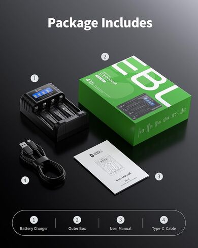 EBL Universal Battery Charger, 1.5V & 1.2V AA AAA Battery Charger with Type-C Fast Charging, Independent Slot for 1.5V 1.2V Ni-MH/Ni-CD Rechargeable AA AAA Batteries in Saudi Arabia