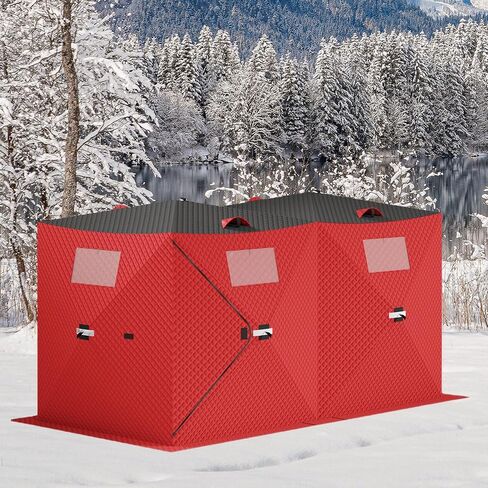 Insulated Pop-Up Ice Fishing Tent for 1-8 Persons, Portable Waterproof Oxford Winter Shelter, Quick Setup Portable Ice Fishing Shelter with Zippered Door, Carry Bag, Anchors, Wind Ropes, Red in Kuwait