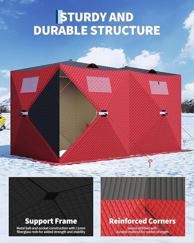 Insulated Pop-Up Ice Fishing Tent for 1-8 Persons, Portable Waterproof Oxford Winter Shelter, Quick Setup Portable Ice Fishing Shelter with Zippered Door, Carry Bag, Anchors, Wind Ropes, Red in Kuwait