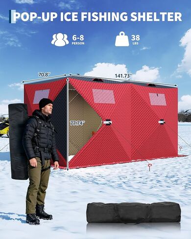 Insulated Pop-Up Ice Fishing Tent for 1-8 Persons, Portable Waterproof Oxford Winter Shelter, Quick Setup Portable Ice Fishing Shelter with Zippered Door, Carry Bag, Anchors, Wind Ropes, Red in Kuwait