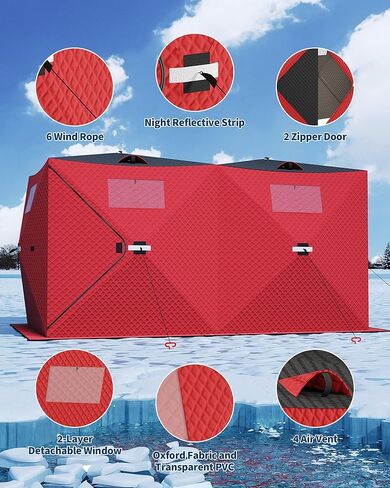 Insulated Pop-Up Ice Fishing Tent for 1-8 Persons, Portable Waterproof Oxford Winter Shelter, Quick Setup Portable Ice Fishing Shelter with Zippered Door, Carry Bag, Anchors, Wind Ropes, Red in Kuwait
