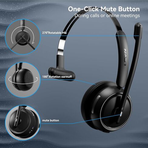 LEVN Wireless Headset 5.2, Wireless Headset with Mic for Work with(Noise Cancelling),Bluetooth Headphones for Work from Home/Office/PC/Computer/Center(Black) in Kuwait