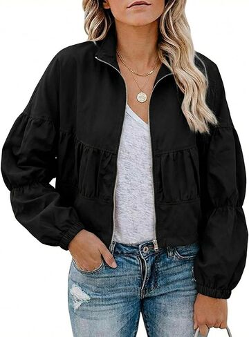 Watashi Women Casual Cropped Jacket Lightweight Zip Up Pleated Bomber Safari Short Jackets Pocketed Fall Utility Anorak Coat in Saudi Arabia