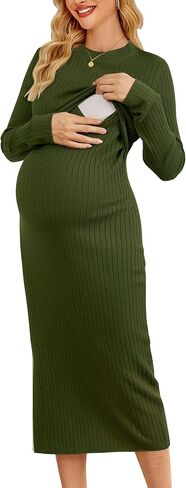 OUGES Women's Wool Blend 2025 Maternity Sweater Nursing Dress Long Sleeve Crew Neck Slim Fit Ribbed Knit Midi Fall Dress in Saudi Arabia