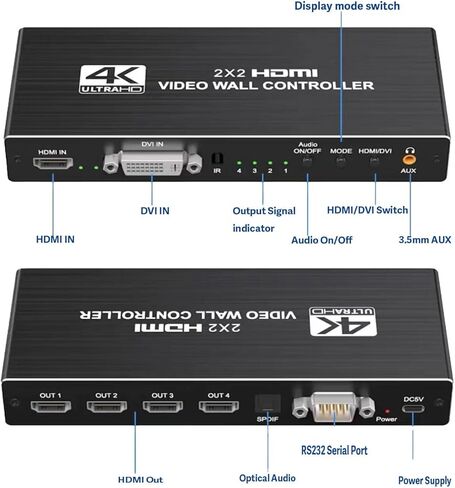 وحدة تحكم حائط الفيديو 2×2 4K، تحويل 4 شاشات تلفزيون إلى شاشة حائط واحدة مع مدخل HDMI وDVI 4K، دوران 180 درجة، مخرج صوت، جهاز تحكم عن بعد بالأشعة تحت الحمراء/RS232/زر التحكم بالضغط in Kuwait