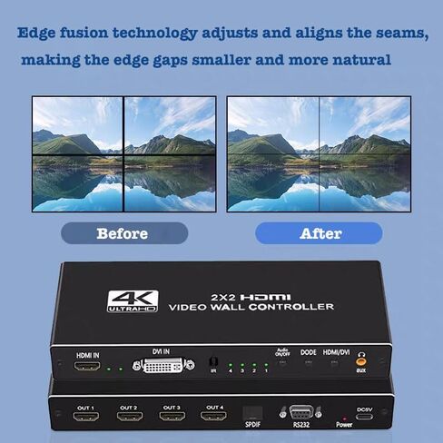 وحدة تحكم حائط الفيديو 2×2 4K، تحويل 4 شاشات تلفزيون إلى شاشة حائط واحدة مع مدخل HDMI وDVI 4K، دوران 180 درجة، مخرج صوت، جهاز تحكم عن بعد بالأشعة تحت الحمراء/RS232/زر التحكم بالضغط in Kuwait