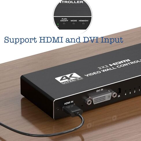 وحدة تحكم حائط الفيديو 2×2 4K، تحويل 4 شاشات تلفزيون إلى شاشة حائط واحدة مع مدخل HDMI وDVI 4K، دوران 180 درجة، مخرج صوت، جهاز تحكم عن بعد بالأشعة تحت الحمراء/RS232/زر التحكم بالضغط in Kuwait