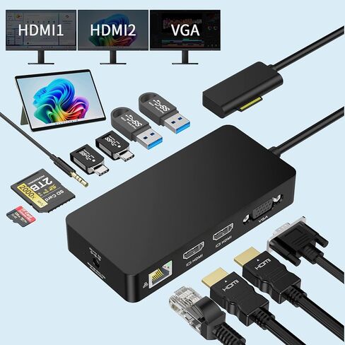 12 في 1 Microsoft Surface Dock يعرض Triple Triple Dual HDMI+VGA مع محول الطاقة ، محطة الإرساء السطحية Pro لـ Microsoft Surface Pro 11/10/9/8/x/7/6/5/4 in Kuwait
