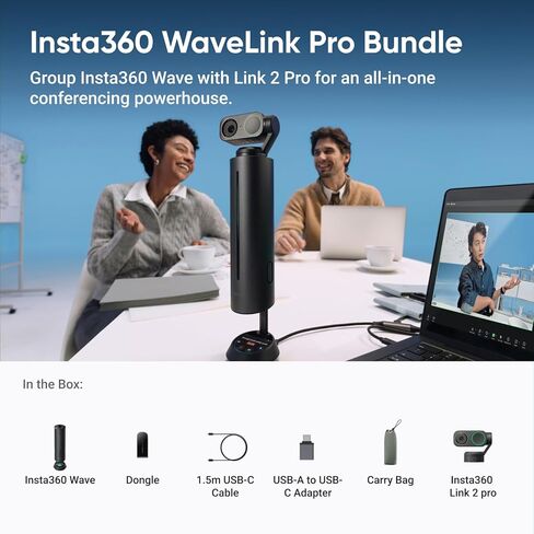 Insta360 WaveLink Pro - مكبر صوت وكاميرا في غرفة الاجتماعات 4K، تتبع مكبر الصوت، التقاط صوت 360 درجة بطول 5 أمتار، تقليل الضوضاء، نسخ وملخصات الذكاء الاصطناعي، التوصيل والتشغيل، يعمل مع التكبير، الفرق in Saudi Arabia