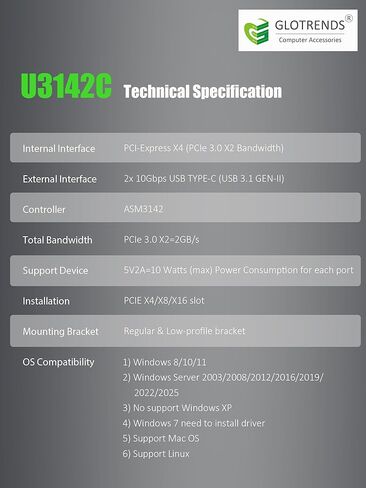 GLOTRENDS U3142C 2-Port 10Gb USB 3.1 Gen2 Type-C to PCIE X4 Expansion Card with ASM 3142 Chip, Regular and Low-profible Bracket in Saudi Arabia