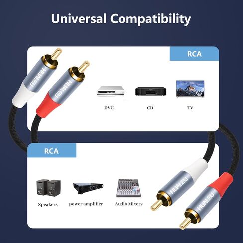كابل صوت ستيريو بطول 3 أقدام و2 RCA M/M، سلك صوت مساعد مطلي بالذهب 2RCA ذكر إلى 2RCA ذكر من الألومنيوم - قطعتان in Saudi Arabia