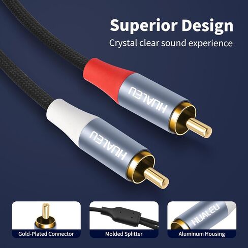 كابل صوت ستيريو بطول 3 أقدام و2 RCA M/M، سلك صوت مساعد مطلي بالذهب 2RCA ذكر إلى 2RCA ذكر من الألومنيوم - قطعتان in Saudi Arabia