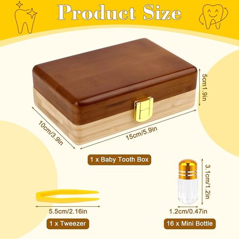 Coolrunner Tooth Boxes for Lost Teeth for Kids, Baby Teeth Keepsake Box for 16 Kisd Teeth, Solid Wood Teeth Boxes, Baby Tooth Box with tweezers and mini bottle in Kuwait