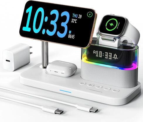 محطة شحن لاسلكية 5 في 1 لأجهزة Apple، شاحن Mag-Safe مع منبه ليلي وإضاءة ليلية لأجهزة متعددة، محطة شحن منضدة لأجهزة iPhone 17/16/15/14/13/12، وسلسلة ساعات Apple، وAir-Pods in Kuwait