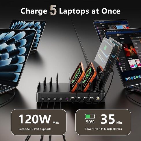 محطة شحن بقوة 750 واط لأجهزة متعددة، شاحن سريع بـ 10 منافذ Zobirez، 5 منافذ USB-C بقوة 120 واط لكل منهما و5 منافذ USB-A بقوة 30 واط لكل منهما، محور شحن سطح المكتب للكمبيوتر المحمول والكمبيوتر اللوحي، أسود in Saudi Arabia
