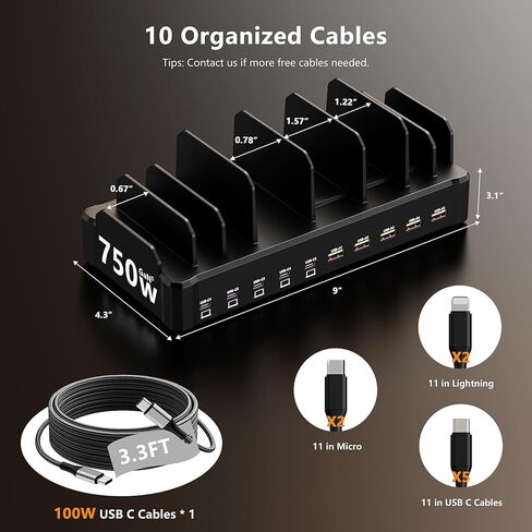 محطة شحن بقوة 750 واط لأجهزة متعددة، شاحن سريع بـ 10 منافذ Zobirez، 5 منافذ USB-C بقوة 120 واط لكل منهما و5 منافذ USB-A بقوة 30 واط لكل منهما، محور شحن سطح المكتب للكمبيوتر المحمول والكمبيوتر اللوحي، أسود in Saudi Arabia