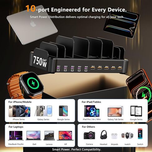 محطة شحن بقوة 750 واط لأجهزة متعددة، شاحن سريع بـ 10 منافذ Zobirez، 5 منافذ USB-C بقوة 120 واط لكل منهما و5 منافذ USB-A بقوة 30 واط لكل منهما، محور شحن سطح المكتب للكمبيوتر المحمول والكمبيوتر اللوحي، أسود in Saudi Arabia