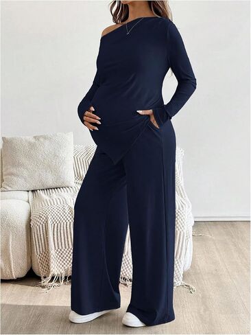 ملابس حمل نسائية من MakeMeChic مكونة من قطعتين ملابس ربيعية بلوزات وسراويل غير متماثلة مجموعات مطابقة للحمل أزرق متوسط in Kuwait