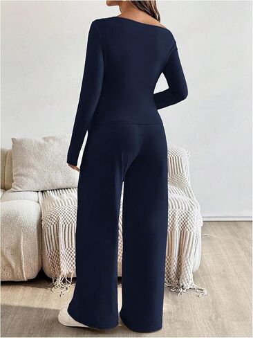 ملابس حمل نسائية من MakeMeChic مكونة من قطعتين ملابس ربيعية بلوزات وسراويل غير متماثلة مجموعات مطابقة للحمل أزرق متوسط in Kuwait