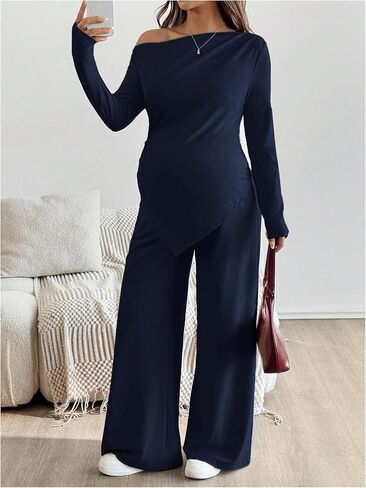ملابس حمل نسائية من MakeMeChic مكونة من قطعتين ملابس ربيعية بلوزات وسراويل غير متماثلة مجموعات مطابقة للحمل أزرق متوسط in Kuwait
