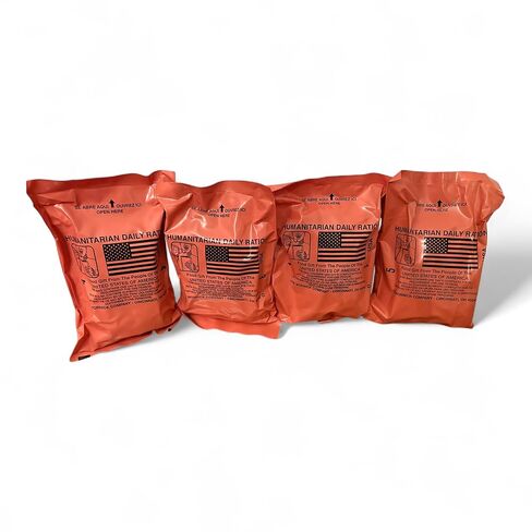 MRE HUMANITARIAN DAILY RATION HDR - 4 PACK RANDOM MENU - US FEMA Emergency rations MRE Varieties - Low Sodium Pre cooked w/Entree, Side Dishes for Hunting, Camping - Inspection date of 2025 or Newer in Saudi Arabia