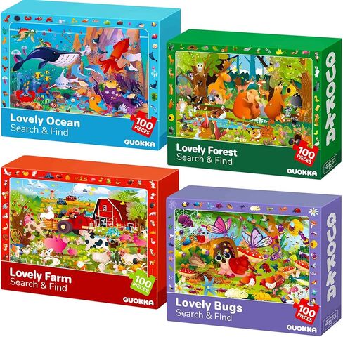 QUOKKA 100 Piece Puzzles for Kids Ages 4-6 – 4xSET Search and Find Kids Puzzles Ages 5-8 – Artist-Crafted Illustrations, Hidden Objects, Unique Jigsaw Shapes, Educational Activity for Learning & Play in Saudi Arabia