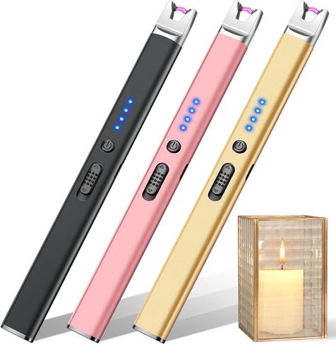 LcFun 3 عبوات من ولاعة الشموع الكهربائية USB القابلة لإعادة الشحن ولاعة بلازما مع قفل أمان، ولاعات طويلة عديمة اللهب مقاومة للرياح للشموع والشواية والشواء والتخييم ومواقد الغاز (أسود، وردي، أزرق) in Saudi Arabia