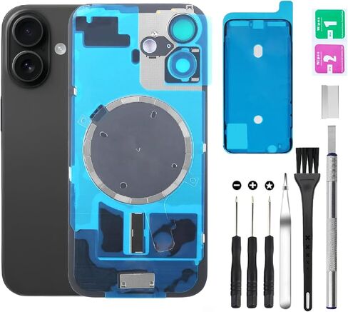غطاء خلفي زجاجي بديل لهاتف iPhone 16 Plus زجاج خلفي + عدسة كاميرا + مغناطيس + حامل قطعة حديد مع مجموعة أدوات إصلاح (أسود) in Saudi Arabia