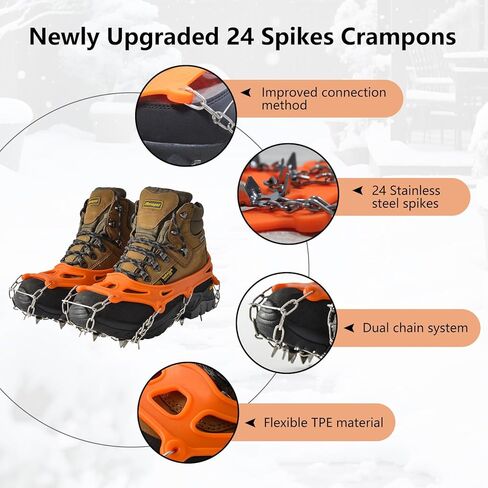 24 Spikes Crampons for Shoes, Stainless Steel Non-Slip Ice Cleats for Boots and Shoes with Adjustable Straps for Hiking, Mountaineering, Trekking, and Winter Outdoor Activities in Saudi Arabia