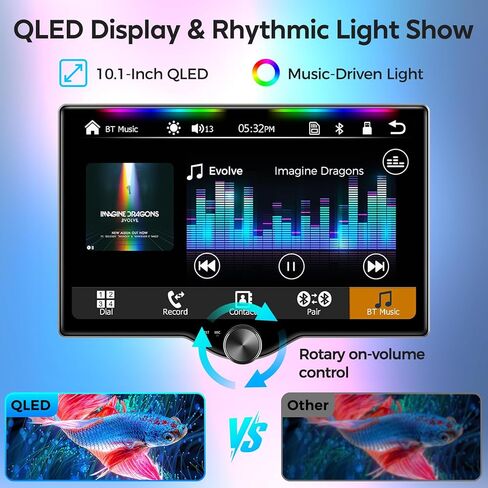 ستيريو سيارة QLED مزدوج Din مقاس 10.1 بوصة مع تشغيل لاسلكي وAndroid Auto، شريط مضيء لمزامنة الموسيقى، SWC، بلوتوث، كاميرا احتياطية، 240 وات، مخرج مضخم صوت مزدوج، راديو السيارة، الملاحة، FM/AM in Kuwait