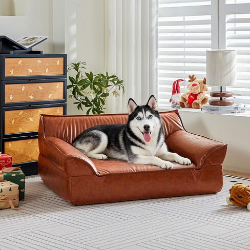 Brown Leather Dog Couch Bed for Medium Small Dogs Under 50 lbs, 31.5 Inch Mid-Century Modern Luxury Elevated Dog Sofa Indoor, Furniture Style Vintage Raised Pet Sofa Bed (Medium) in Saudi Arabia