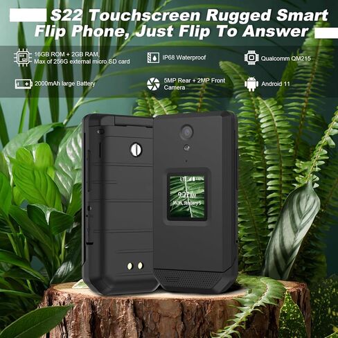 هاتف Unifone S22 الذكي القابل للطي (16 جيجابايت) شاشة لمس 2.8 بوصة هاتف خلوي متين Android 11، IP68 مقاوم للماء، فتحة نانو واحدة 4G LTE GSM، متوافق مع T-Mobile، AT&T (أسود) in Kuwait