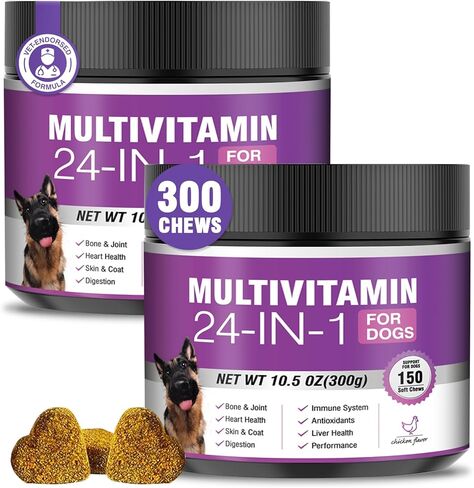 24-in-1 Dog Vitamins and Supplements 300 Ct Dogs Multivitamin Chewable Contain Chondroitin Probiotics Omega-3 Glucosamine for Dogs Skin Coat Heart Joint Gut Liver Brain Immune Support - Peanut Butter in Saudi Arabia